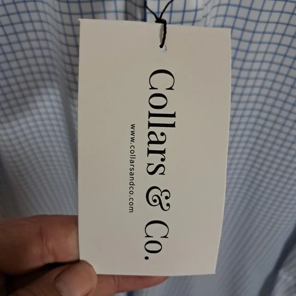 Collars & Co Mens Semi Spread Collar Polo Shirt XL Tall Thin Navy Check Office - Picture 11 of 15